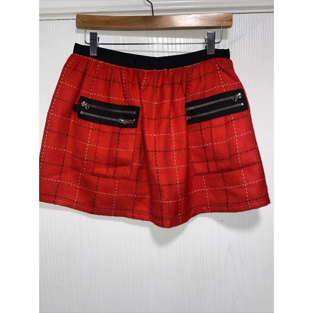 ANNA SUI  RED PLAID MINI SKIRT Size 3 Front Zippers‎